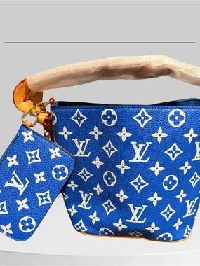 Blue monogram Leather Bucket Bag with Wristlet/wallet